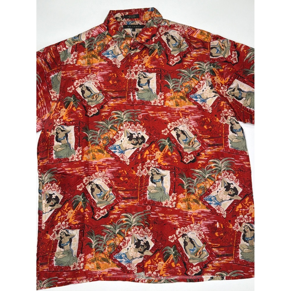 M.E. Sport Mens Red‎ Hawaiian Luau Hula Girl Print 100% Silk Shirt Size Large